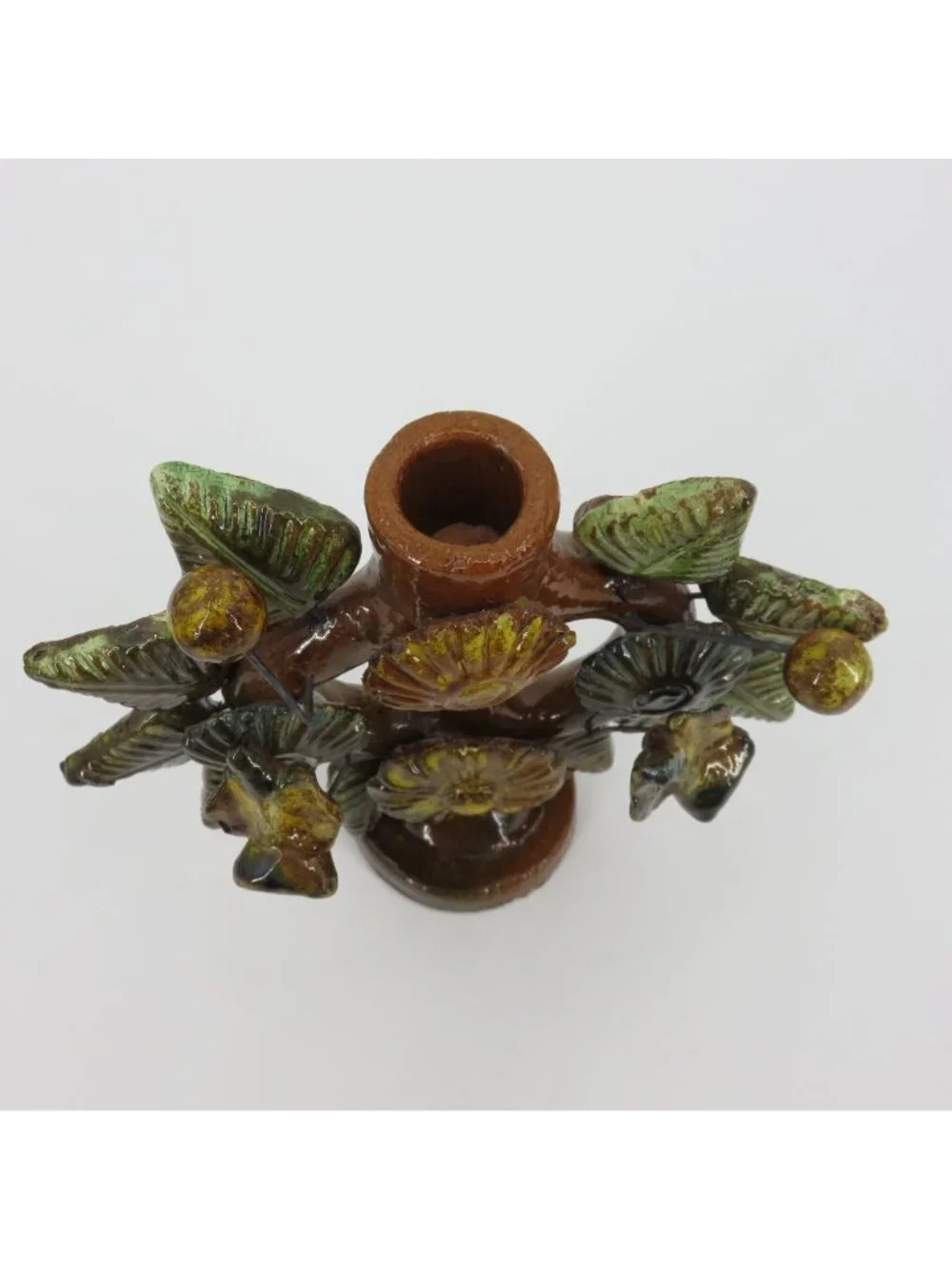 Tree Of Life Pottery Single Candleholder Candelabra Mexican Folk Art Flower Leaf